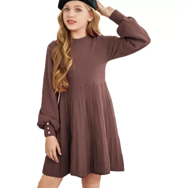 Arshiner Girls Sweater Dress Knit Crew Neck Lantern Sleeve Solid Twirl Dresses