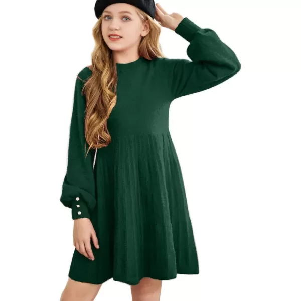 Arshiner Girls Sweater Dress Knit Crew Neck Lantern Sleeve Solid Twirl Dresses