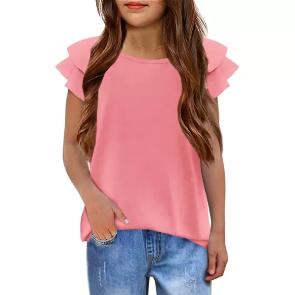 Girls T Shirts Ruffle Short Sleeve Round Neck Loose Blouse Summer Solid Color Casual Girl Tee Tops for 3-12 Years