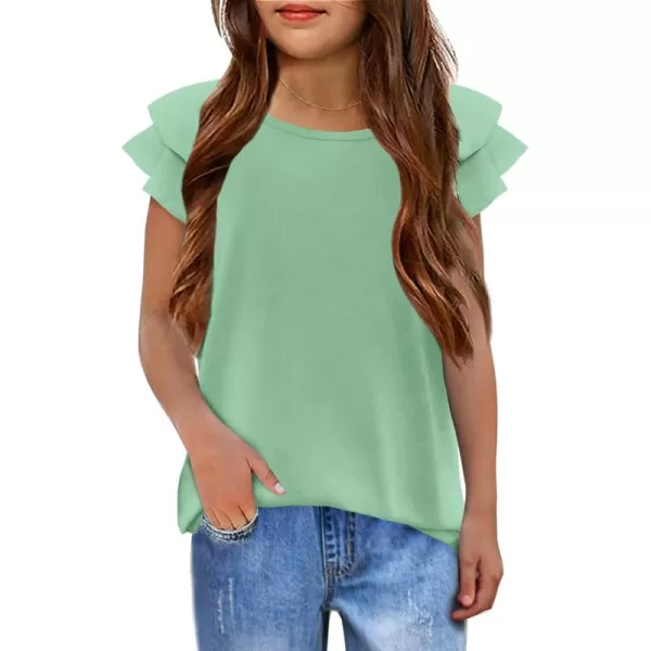 Girls T Shirts Ruffle Short Sleeve Round Neck Loose Blouse Summer Solid Color Casual Girl Tee Tops for 3-12 Years