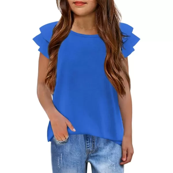 Girls T Shirts Ruffle Short Sleeve Round Neck Loose Blouse Summer Solid Color Casual Girl Tee Tops for 3-12 Years