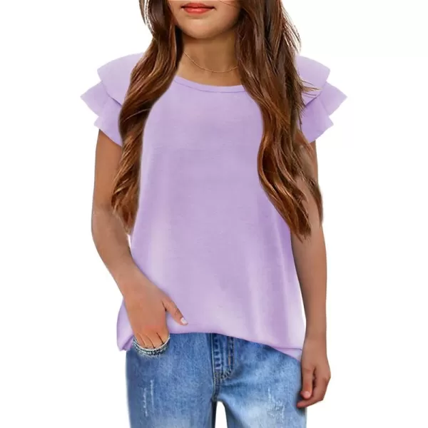 Girls T Shirts Ruffle Short Sleeve Round Neck Loose Blouse Summer Solid Color Casual Girl Tee Tops for 3-12 Years