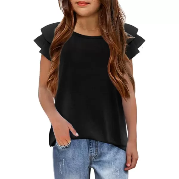 Girls T Shirts Ruffle Short Sleeve Round Neck Loose Blouse Summer Solid Color Casual Girl Tee Tops for 3-12 Years