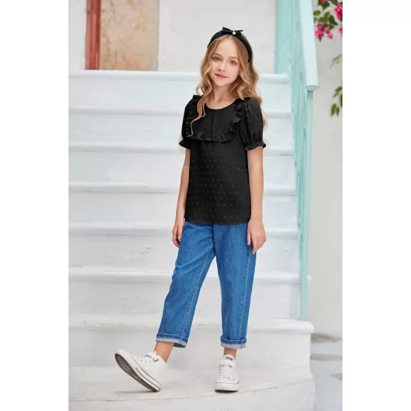 Arshiner Girls Chiffon Blouses Short Puff Sleeve Swiss Dot Ruffle Shirts Summer Casual Crewneck Pom Pom Tops Tunic