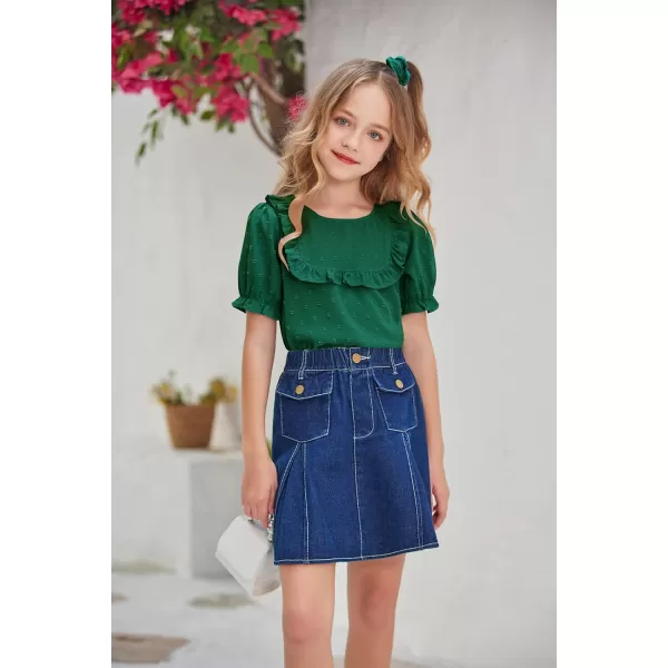 Arshiner Girls Chiffon Blouses Short Puff Sleeve Swiss Dot Ruffle Shirts Summer Casual Crewneck Pom Pom Tops Tunic