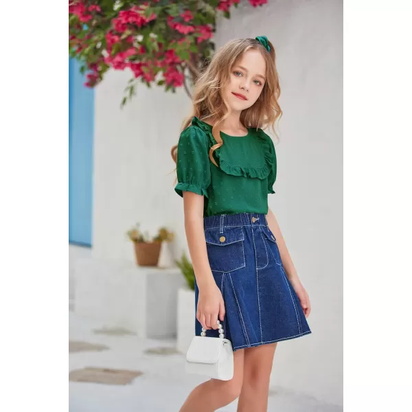 Arshiner Girls Chiffon Blouses Short Puff Sleeve Swiss Dot Ruffle Shirts Summer Casual Crewneck Pom Pom Tops Tunic