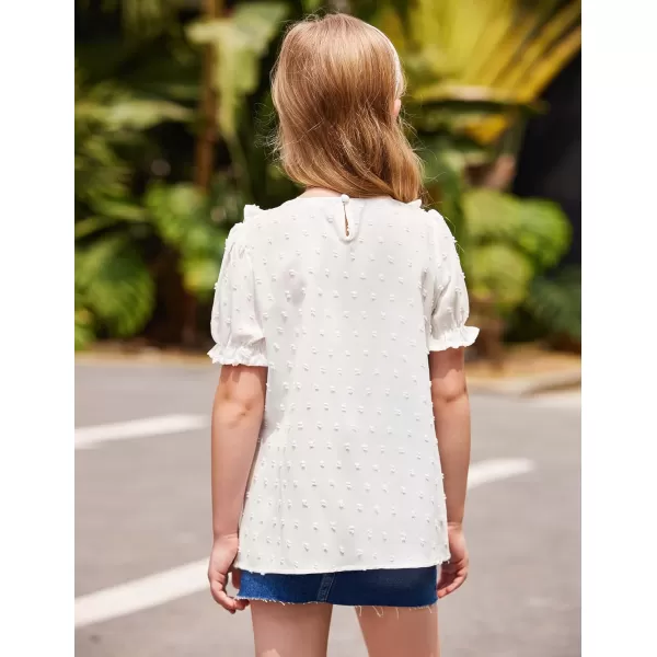 Arshiner Girls Chiffon Blouses Short Puff Sleeve Swiss Dot Ruffle Shirts Summer Casual Crewneck Pom Pom Tops Tunic