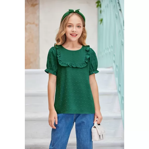 Arshiner Girls Chiffon Blouses Short Puff Sleeve Swiss Dot Ruffle Shirts Summer Casual Crewneck Pom Pom Tops Tunic
