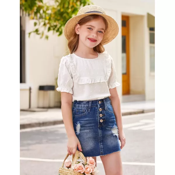 Arshiner Girls Chiffon Blouses Short Puff Sleeve Swiss Dot Ruffle Shirts Summer Casual Crewneck Pom Pom Tops Tunic