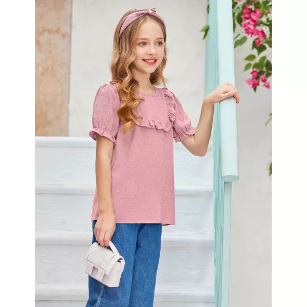 Arshiner Girls Chiffon Blouses Short Puff Sleeve Swiss Dot Ruffle Shirts Summer Casual Crewneck Pom Pom Tops Tunic