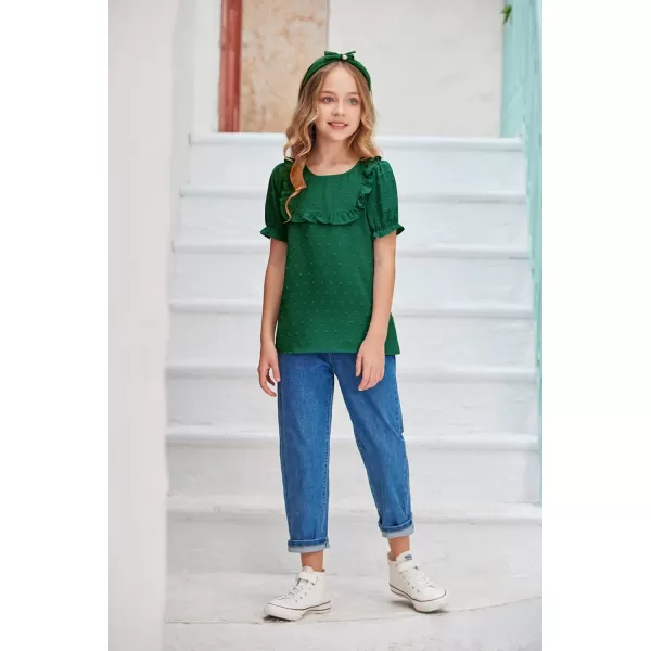 Arshiner Girls Chiffon Blouses Short Puff Sleeve Swiss Dot Ruffle Shirts Summer Casual Crewneck Pom Pom Tops Tunic