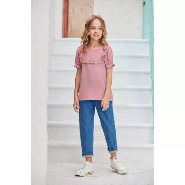 Arshiner Girls Chiffon Blouses Short Puff Sleeve Swiss Dot Ruffle Shirts Summer Casual Crewneck Pom Pom Tops Tunic