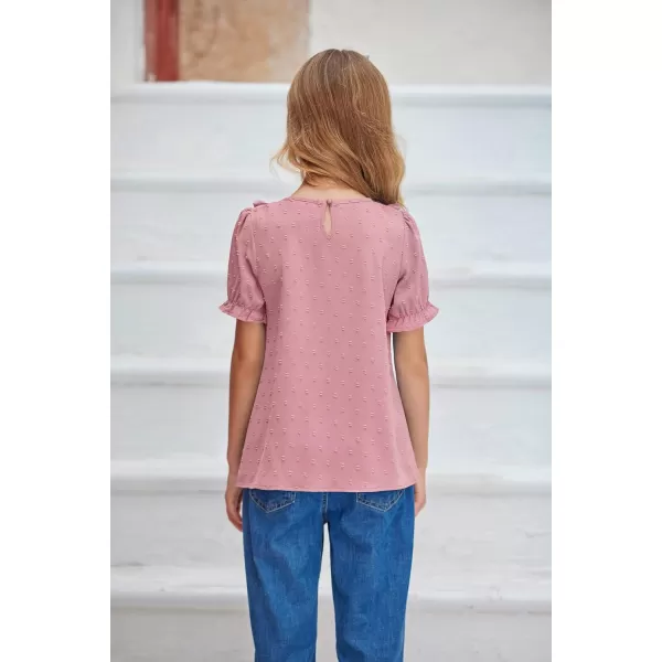 Arshiner Girls Chiffon Blouses Short Puff Sleeve Swiss Dot Ruffle Shirts Summer Casual Crewneck Pom Pom Tops Tunic
