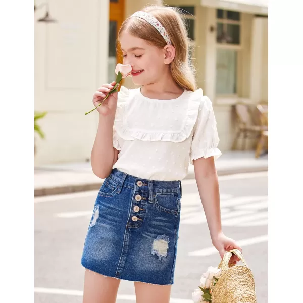 Arshiner Girls Chiffon Blouses Short Puff Sleeve Swiss Dot Ruffle Shirts Summer Casual Crewneck Pom Pom Tops Tunic