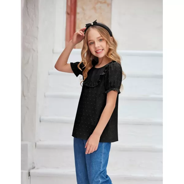 Arshiner Girls Chiffon Blouses Short Puff Sleeve Swiss Dot Ruffle Shirts Summer Casual Crewneck Pom Pom Tops Tunic