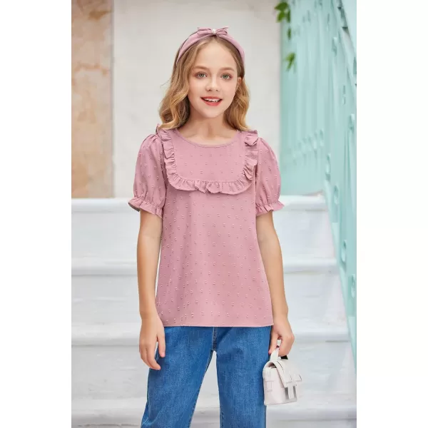 Arshiner Girls Chiffon Blouses Short Puff Sleeve Swiss Dot Ruffle Shirts Summer Casual Crewneck Pom Pom Tops Tunic