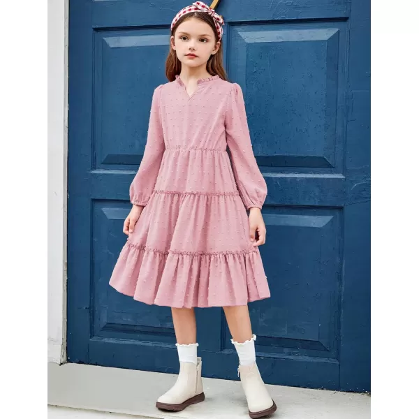 Arshiner Girls Dresses Long Sleeve Swiss Dot V Neck Ruffle Tiered Casual Party Dress