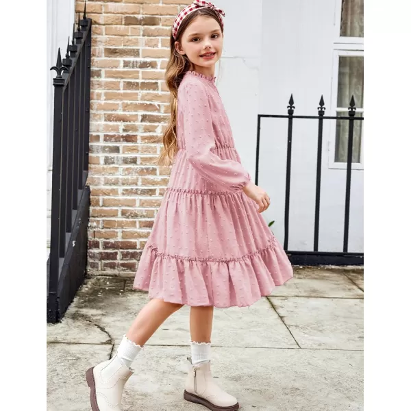 Arshiner Girls Dresses Long Sleeve Swiss Dot V Neck Ruffle Tiered Casual Party Dress