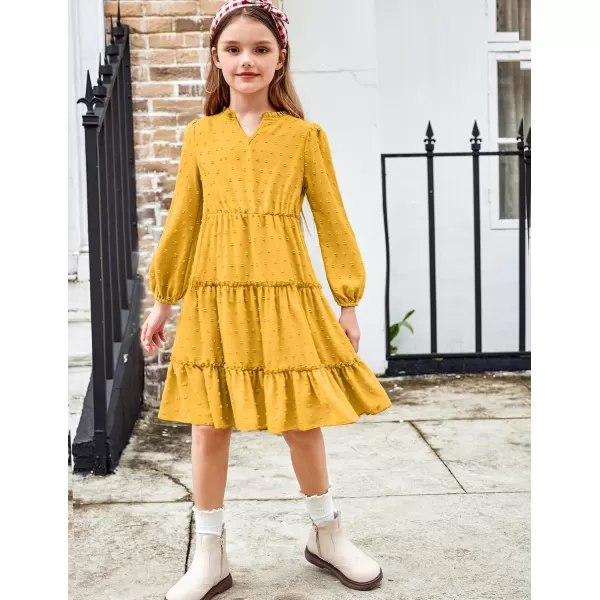 Arshiner Girls Dresses Long Sleeve Swiss Dot V Neck Ruffle Tiered Casual Party Dress