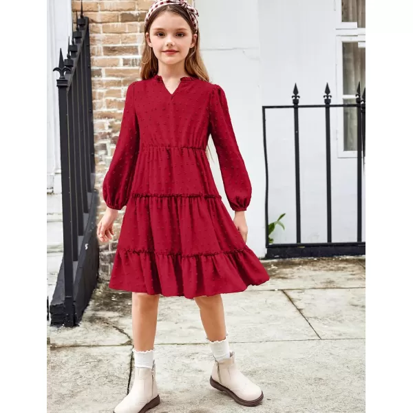 Arshiner Girls Dresses Long Sleeve Swiss Dot V Neck Ruffle Tiered Casual Party Dress