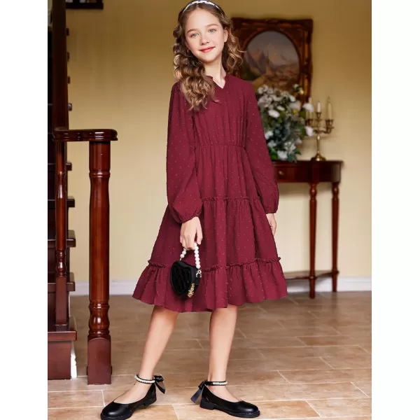 Arshiner Girls Dresses Long Sleeve Swiss Dot V Neck Ruffle Tiered Casual Party Dress