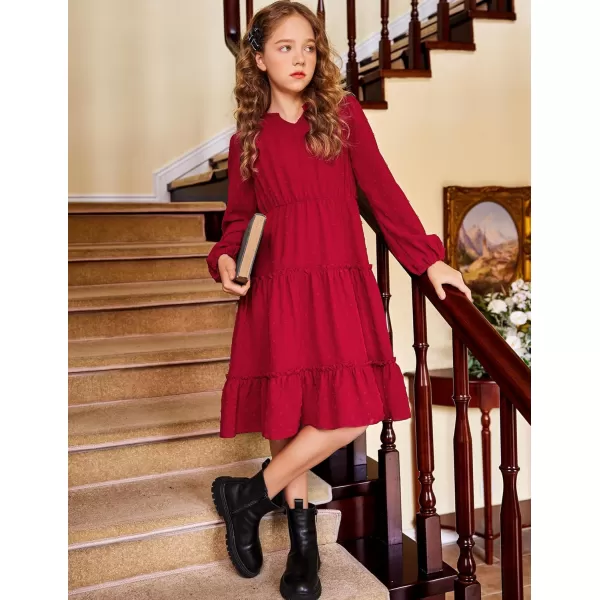 Arshiner Girls Dresses Long Sleeve Swiss Dot V Neck Ruffle Tiered Casual Party Dress