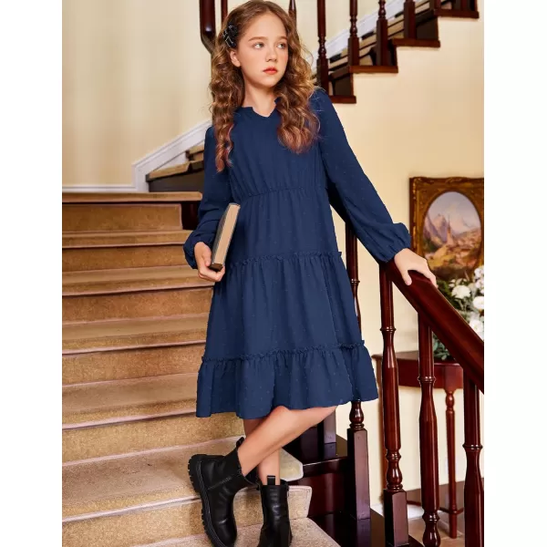 Arshiner Girls Dresses Long Sleeve Swiss Dot V Neck Ruffle Tiered Casual Party Dress
