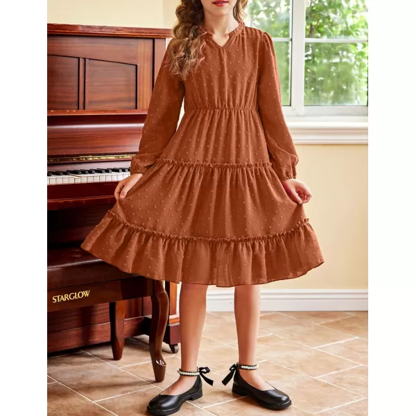 Arshiner Girls Dresses Long Sleeve Swiss Dot V Neck Ruffle Tiered Casual Party Dress