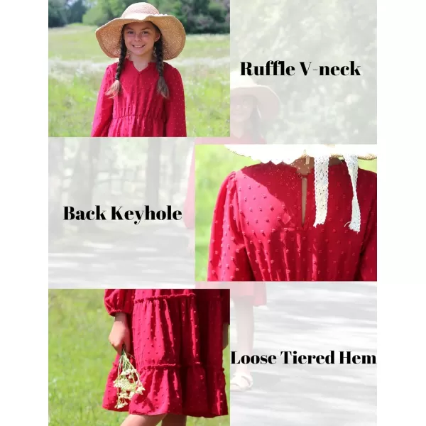 Arshiner Girls Dresses Long Sleeve Swiss Dot V Neck Ruffle Tiered Casual Party Dress