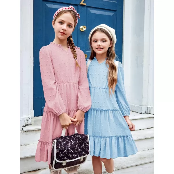 Arshiner Girls Dresses Long Sleeve Swiss Dot V Neck Ruffle Tiered Casual Party Dress
