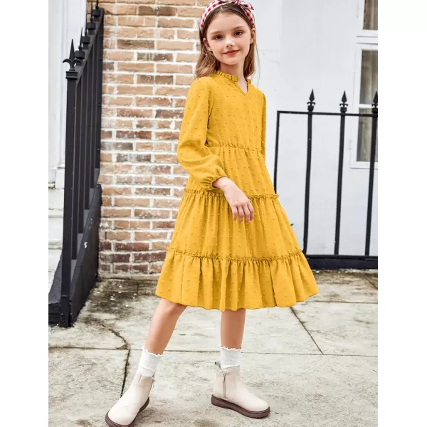 Arshiner Girls Dresses Long Sleeve Swiss Dot V Neck Ruffle Tiered Casual Party Dress