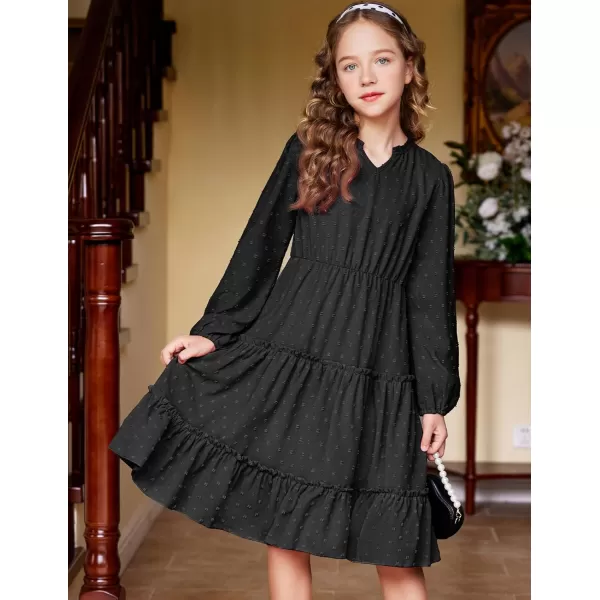 Arshiner Girls Dresses Long Sleeve Swiss Dot V Neck Ruffle Tiered Casual Party Dress