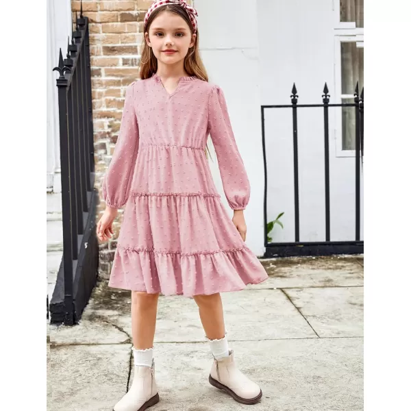 Arshiner Girls Dresses Long Sleeve Swiss Dot V Neck Ruffle Tiered Casual Party Dress