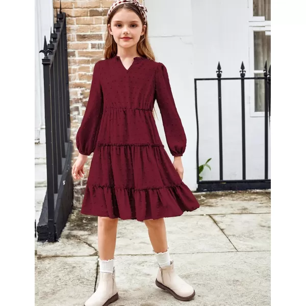 Arshiner Girls Dresses Long Sleeve Swiss Dot V Neck Ruffle Tiered Casual Party Dress