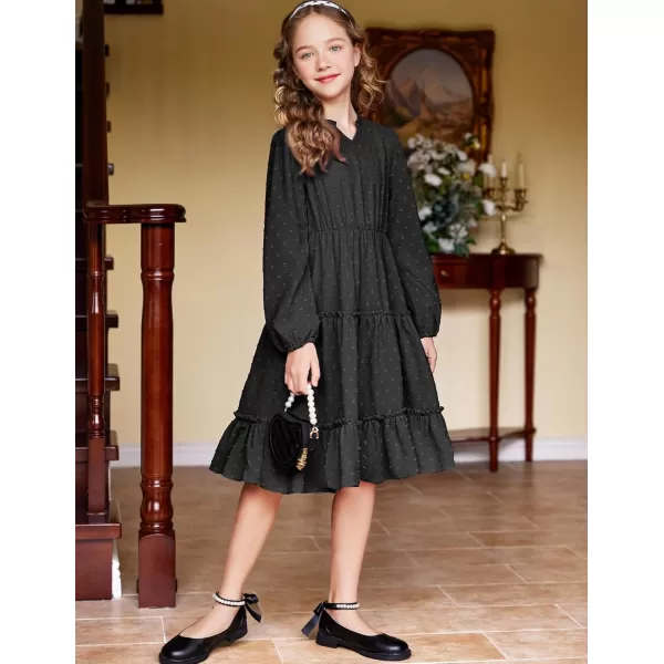 Arshiner Girls Dresses Long Sleeve Swiss Dot V Neck Ruffle Tiered Casual Party Dress