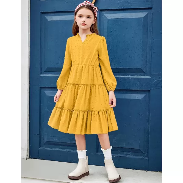 Arshiner Girls Dresses Long Sleeve Swiss Dot V Neck Ruffle Tiered Casual Party Dress
