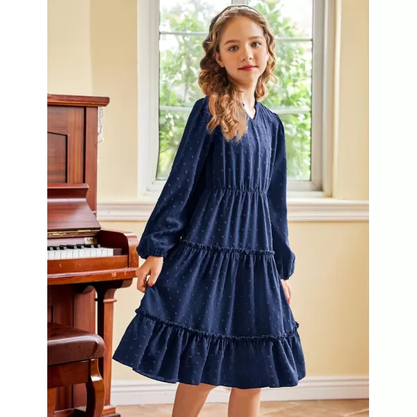 Arshiner Girls Dresses Long Sleeve Swiss Dot V Neck Ruffle Tiered Casual Party Dress