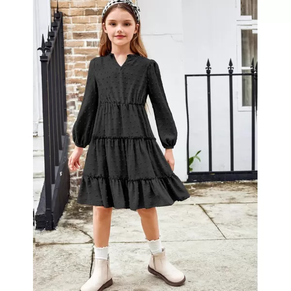Arshiner Girls Dresses Long Sleeve Swiss Dot V Neck Ruffle Tiered Casual Party Dress