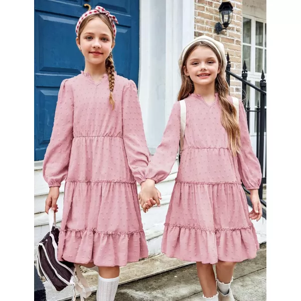 Arshiner Girls Dresses Long Sleeve Swiss Dot V Neck Ruffle Tiered Casual Party Dress