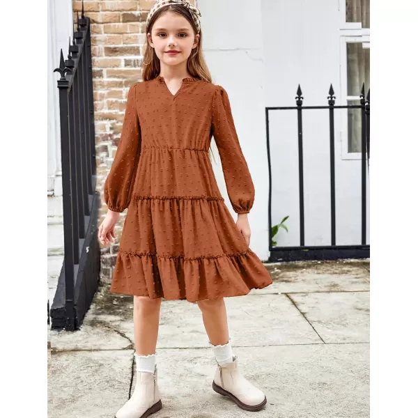 Arshiner Girls Dresses Long Sleeve Swiss Dot V Neck Ruffle Tiered Casual Party Dress