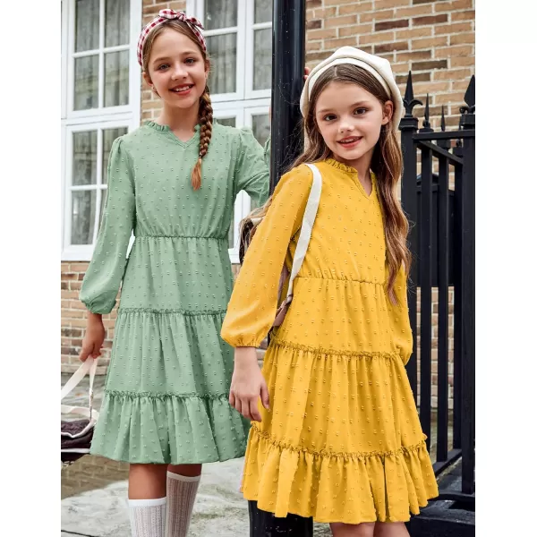 Arshiner Girls Dresses Long Sleeve Swiss Dot V Neck Ruffle Tiered Casual Party Dress