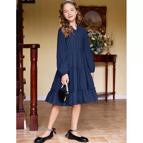 Arshiner Girls Dresses Long Sleeve Swiss Dot V Neck Ruffle Tiered Casual Party Dress