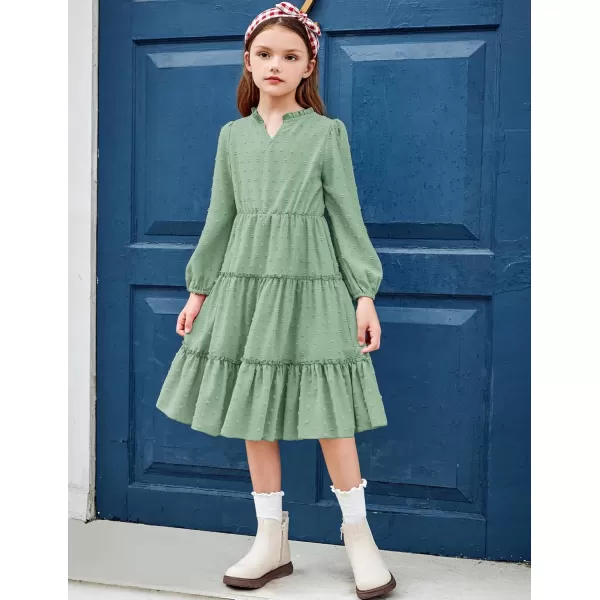 Arshiner Girls Dresses Long Sleeve Swiss Dot V Neck Ruffle Tiered Casual Party Dress