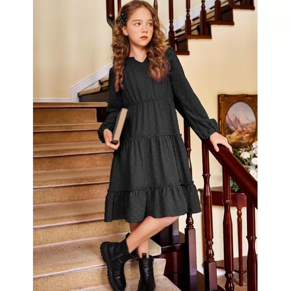 Arshiner Girls Dresses Long Sleeve Swiss Dot V Neck Ruffle Tiered Casual Party Dress