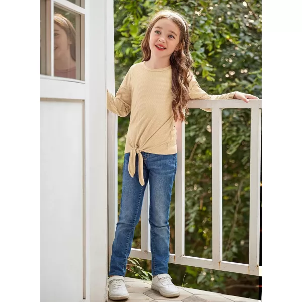 Arshiner Girls Knit Tops Colorblock Shirts Long Sleeve Sweaters Knot Front Blouse
