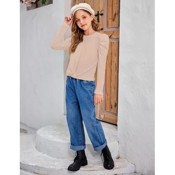 Arshiner Girls Puff Long Sleeve Shirts Twist Front Ribbed Knit T Shirt Crop Tops Tee Blouse