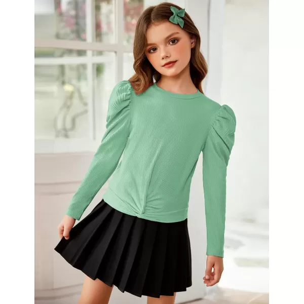 Arshiner Girls Puff Long Sleeve Shirts Twist Front Ribbed Knit T Shirt Crop Tops Tee Blouse