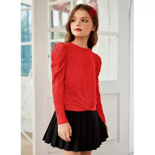 Arshiner Girls Puff Long Sleeve Shirts Twist Front Ribbed Knit T Shirt Crop Tops Tee Blouse