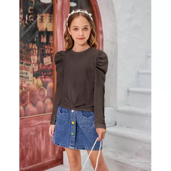Arshiner Girls Puff Long Sleeve Shirts Twist Front Ribbed Knit T Shirt Crop Tops Tee Blouse