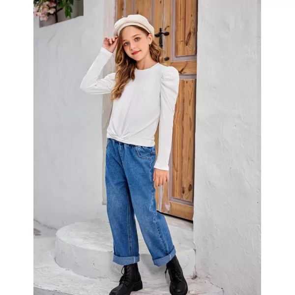 Arshiner Girls Puff Long Sleeve Shirts Twist Front Ribbed Knit T Shirt Crop Tops Tee Blouse